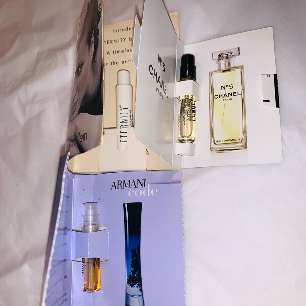 CHANEL N°5 Eau Première Sample - Gold and Black. Armani sampler and Eternity CK